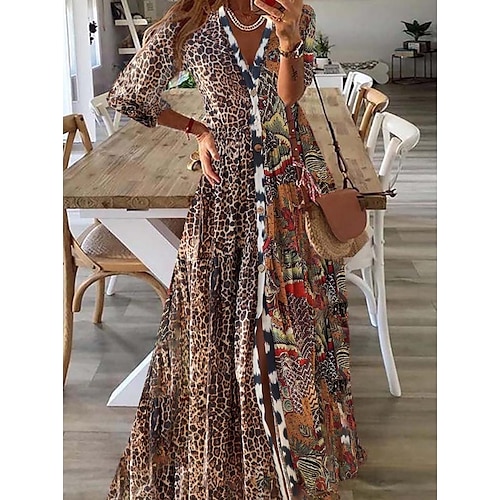 

Women's Swing Dress Maxi long Dress Leopard 3/4 Length Sleeve Floral Print Fall Winter V Neck Casual 2022 3XL