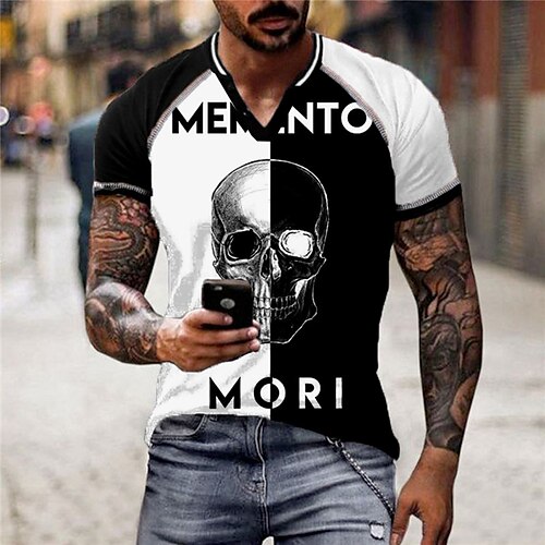 

Men's Unisex T shirt Tee Color Block Skull Graphic Prints V Neck Black / White 3D Print Outdoor Street Short Sleeve Patchwork Button-Down Clothing Apparel Sports Designer Casual Big and Tall / Summer