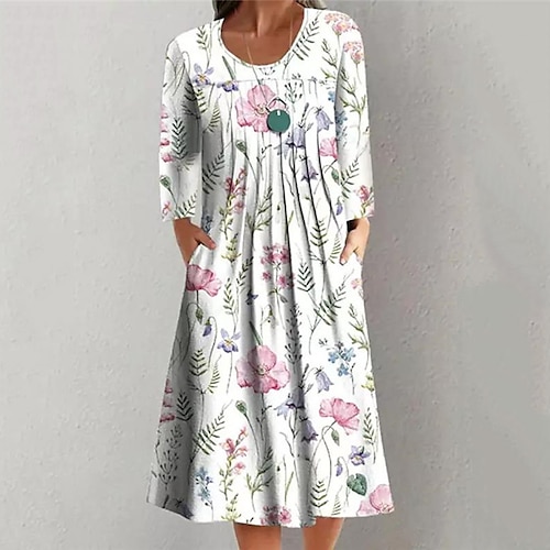 

Women's Casual Dress Shift Dress Midi Dress White Long Sleeve Floral Pocket Print Fall Winter Round Neck Vacation Casual 2022 S M L XL XXL 3XL