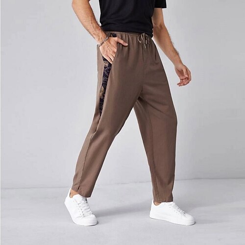 

Men's Joggers Trousers Beach Pants Casual Pants Pocket Drawstring Side Stripe Solid Colored Comfort Soft Daily Holiday Streetwear Linen / Cotton Blend Stylish Classic Dark Khaki Micro-elastic