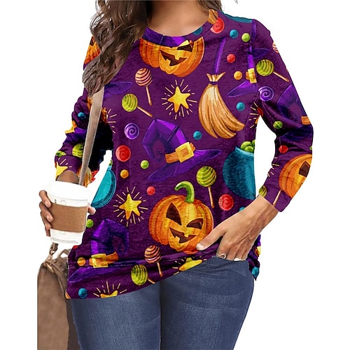 

Women's Plus Size Tops Pullover Sweatshirt Hoodie Sweatshirt Pumpkin Print Long Sleeve Crewneck Vintage Streetwear Casual Halloween Halloween Spirit Halloween Polyester Fall Winter Purple