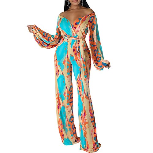 

Women's Jumpsuit High Waist Color Block V Neck Streetwear Holiday Going out Regular Fit Long Sleeve Orange S M L Winter