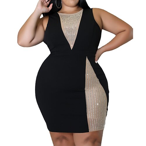 

Women's Plus Size Party Dress Color Block Round Neck Sleeveless Fall Winter Sexy Prom Dress Knee Length Dress Party Club Dress / Sequin Dress