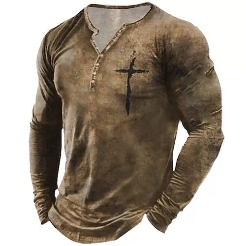 

Men's Henley Shirt T shirt Tee Tee Graphic Templar Cross Cross Henley Brown 3D Print Plus Size Outdoor Daily Long Sleeve Button-Down Print Clothing Apparel Basic Designer Classic Comfortable