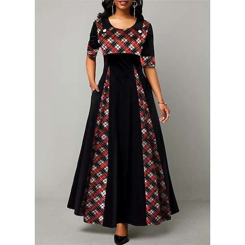 

Women's Swing Dress Midi Dress Maxi long Dress Blue Orange Red Half Sleeve Plaid Patchwork Print Spring Summer Crew Neck Stylish Elegant 2022 S M L XL 2XL 3XL 4XL 5XL