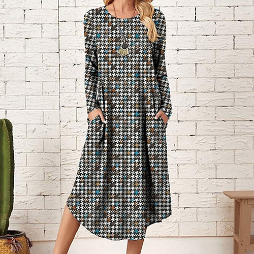 

Women's Casual Dress Shift Dress Midi Dress Green Black White Long Sleeve Floral Pocket Winter Fall Basic Winter Dress Weekend Fall Dress Loose Fit 2022 S M L XL XXL 3XL