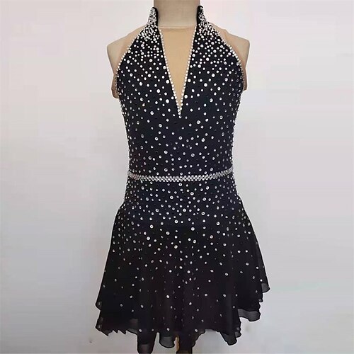 

Figure Skating Dress Women's Girls' Ice Skating Dress Black Open Back Spandex High Elasticity Training Competition Skating Wear Handmade Crystal / Rhinestone Sleeveless Ice Skating Figure Skating