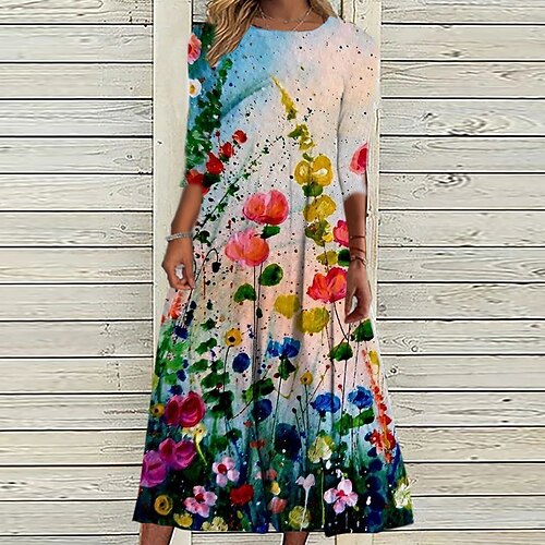 

Women's Casual Dress Shift Dress Midi Dress Blue Rainbow 3/4 Length Sleeve Floral Ruched Print Fall Winter Round Neck Vacation Casual 2022 S M L XL XXL 3XL