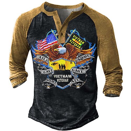 

Men's T shirt Tee Henley Shirt Tee Graphic Eagle Henley Blue Brown Long Sleeve 3D Print Plus Size Outdoor Daily Button-Down Print Tops Basic Designer Classic Comfortable / Sports