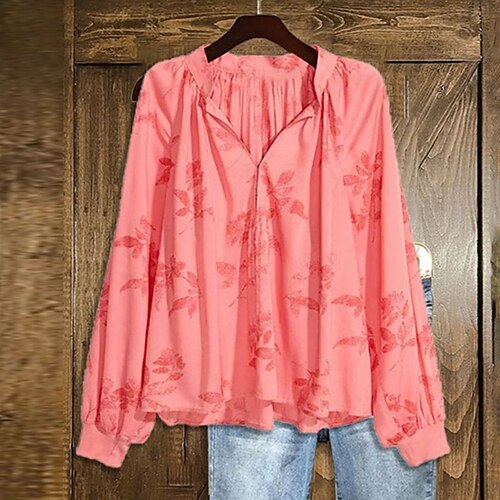 

Women's Plus Size Tops Blouse Shirt Leaf Floral Print Long Sleeve V Neck Casual Daily Vacation Polyester Fall Winter Blue Pink