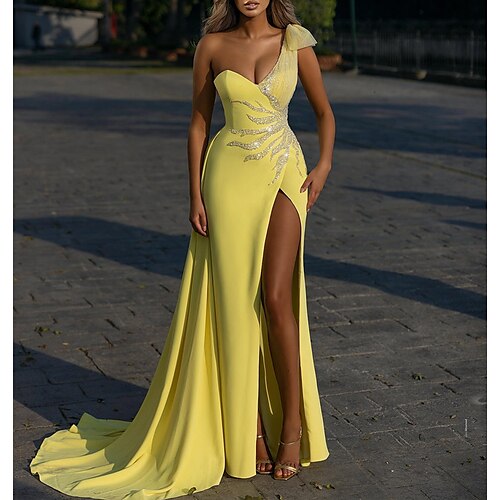 

Mermaid / Trumpet Evening Gown Sexy Dress Formal Court Train Sleeveless One Shoulder Stretch Chiffon with Sequin Slit 2022