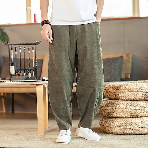 

Men's Trousers Harem Pants Winter Pants Corduroy Pants Drawstring Elastic Waist Straight Leg Solid Color Comfort Warm Casual Daily Streetwear Corduroy Sports Fashion Loose Fit ArmyGreen Grey