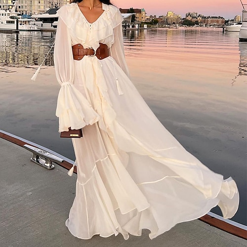 

Women's Swing Dress White Dress Long Dress Maxi Dress White Long Sleeve Pure Color Ruffle Winter Fall Autumn V Neck Modern Winter Dress Fall Dress 2023 S M L XL