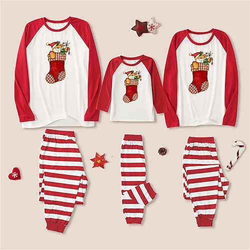 

Christmas Pajamas Family Set Ugly Graphic Bear Striped Daily Patchwork Red Long Sleeve Mom Dad and Me Adorable Matching Outfits Spring Fall Print