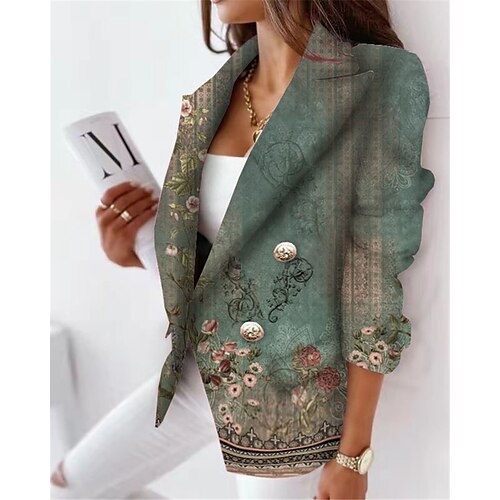 

Women's Blazer Breathable Formal Office Work with Pockets Print Double Breasted Turndown Elegant Formal Modern Office / career Flower Regular Fit Outerwear Long Sleeve Winter Fall Green S M L XL XXL
