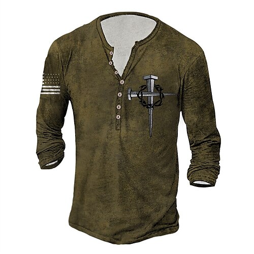 

Men's Henley Shirt T shirt Tee Tee Graphic Templar Cross Cross Henley Army Green Gray 3D Print Plus Size Outdoor Daily Long Sleeve Button-Down Print Clothing Apparel Basic Designer Classic Comfortable