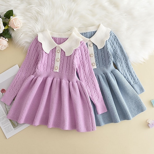 

Kids Girls' Dress Solid Colored Sweater Dress Above Knee Dress Daily Ruched Long Sleeve Cute Dress 2-8 Years Winter Blue Purple