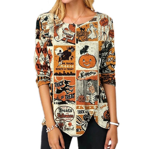 

Women's T shirt Tee Orange Pumpkin Button Print Long Sleeve Halloween Weekend Basic Round Neck Regular Painting S / 3D Print