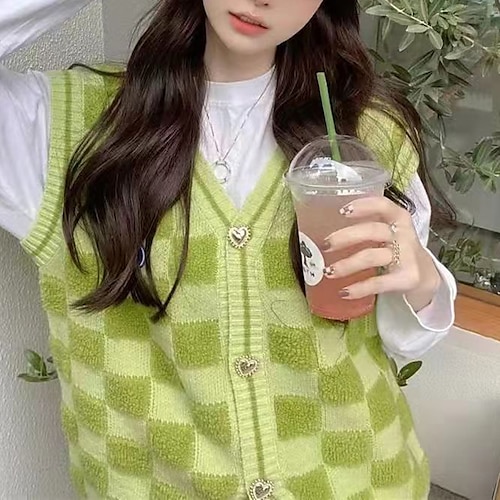 

Women's Sweater Vest Jumper Ribbed Knit Tunic Knitted Plaid V Neck Stylish Casual Outdoor Daily Fall Winter Green Blue One-Size / Sleeveless