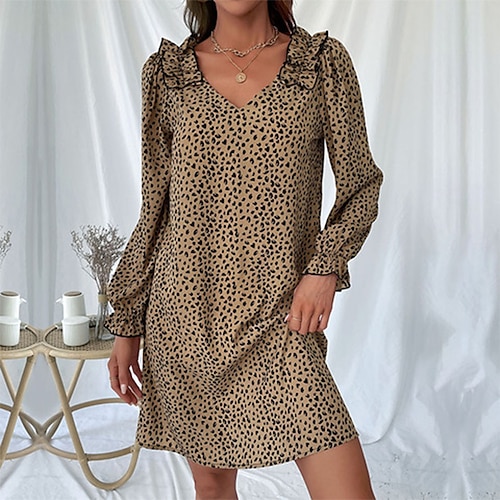 

Damen Casual kleid Etuikleid Kurzes Minikleid Midikleid Khaki Langarm Leopard Rüsche Winter Herbst V Ausschnitt Stilvoll winterkleider damen herbstkleider Lockere Passform 2023 S M L XL 2XL 3XL 4XL