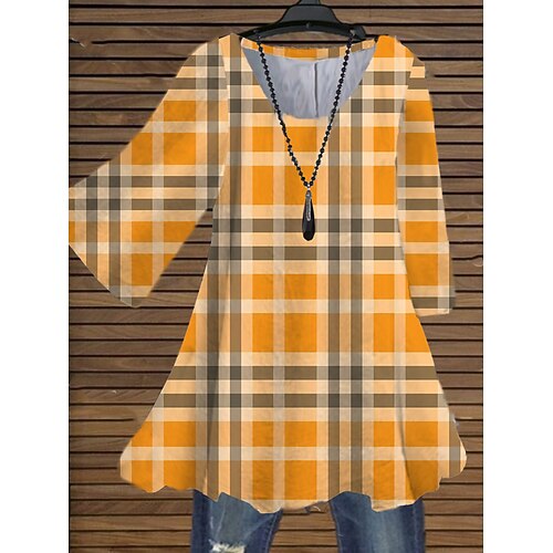 

Women's Plus Size Tops Blouse Shirt Plaid Print 3/4 Length Sleeve Crewneck Casual Halloween Halloween Daily Cotton Spandex Jersey Fall Winter Yellow khaki