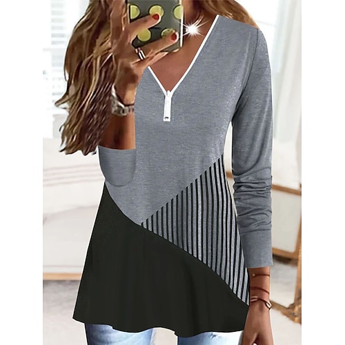 

Women's Blouse Shirt Gray Color Block Striped Quarter Zip Print Long Sleeve Casual Weekend Streetwear V Neck Long S / 3D Print