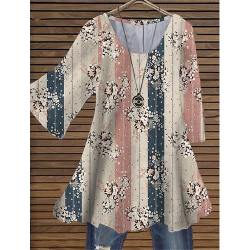 

Chemise Chemisier Femme Kaki Floral Rayé Imprimer Manches 3/4 du quotidien Vacances Décontractées Ras du cou Normal Standard XL