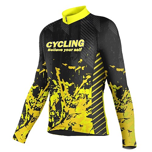 

21Grams Men's Cycling Jersey Long Sleeve Bike Jersey Top with 3 Rear Pockets Mountain Bike MTB Road Bike Cycling Breathable Quick Dry Moisture Wicking Reflective Strips Yellow Graffiti Spandex Sports