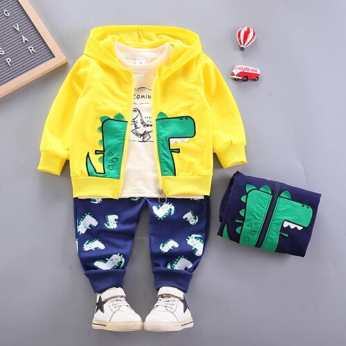 

3 Pieces Kids Boys Jacket & Pants Clothing Set Outfit Animal Cartoon Long Sleeve Cotton Set Street Fashion Cool Winter Fall 2-6 Years Yellow Dark Blue