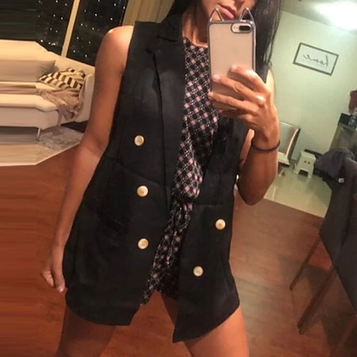 

Women's Vest Windproof Breathable Outdoor Work Street Going out Button Pocket Double Breasted Lapel Fashion OL Style Modern Comfortable Solid Color Regular Fit Outerwear Long Sleeve Winter Fall Black
