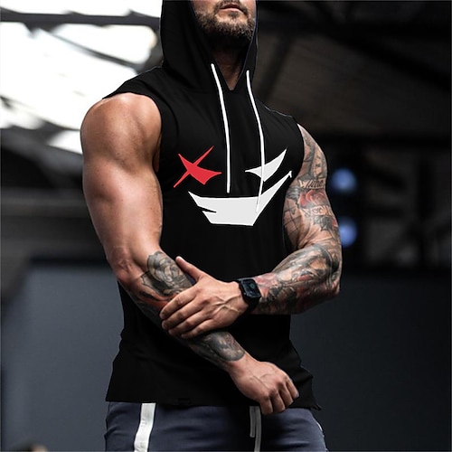 

Men's Tank Top T shirt Tee Vest Graphic Hooded Black Hot Stamping Outdoor Street Sleeveless Drawstring Print Clothing Apparel Casual Comfortable / Summer / Summer