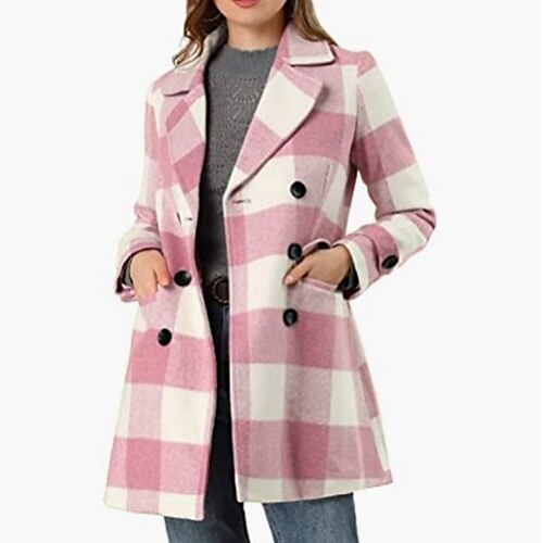 

Women's Winter Coat Warm Breathable Outdoor Street Vacation Park Pocket Double Breasted Turndown Active Simple Comfortable Street Style Plaid Regular Fit Outerwear Long Sleeve Winter Fall Light Pink