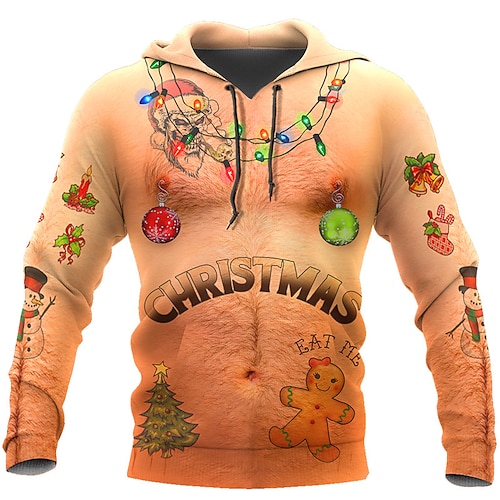 

Sweater Mens Graphic Hoodie Sweatshirt Pullover Brown Hooded Santa Claus Tree Prints Ugly