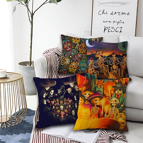 

El Día de los Muertos Double Side Cushion Cover 4PC Soft Decorative Square Cushion Case Pillowcase for Bedroom Livingroom Sofa Couch Chair Superior Quality Machine Washable Day of Dead