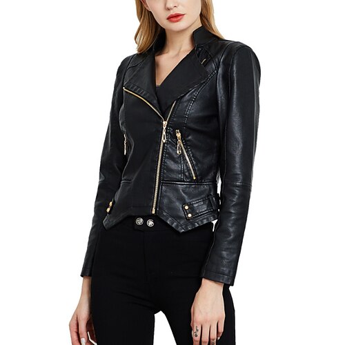 

Women's Faux Leather Jacket Waterproof Warm Outdoor Daily Wear Vacation Going out Zipper Pocket Zipper Turndown Active Sports Comfortable Street Style Solid Color Regular Fit Outerwear Long Sleeve