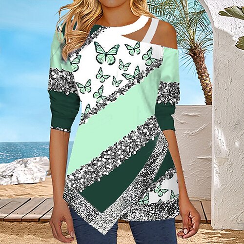 

Women's Blouse Shirt Green Blue Gray Butterfly Sequins Cut Out Long Sleeve Daily Weekend Streetwear Casual Round Neck Regular Butterfly S / 3D Print / Print