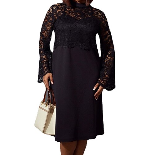 

Women's Plus Size Lace Dress Solid Color Crew Neck Long Sleeve Fall Winter Stylish Work Formal Knee Length Dress Formal Work Dress