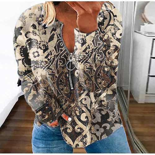 

Women's Plus Size Tops Pullover Sweatshirt Hoodie Sweatshirt Floral Zipper Print Long Sleeve Round Neck Streetwear Daily Vacation Polyester Fall Winter Blue Red