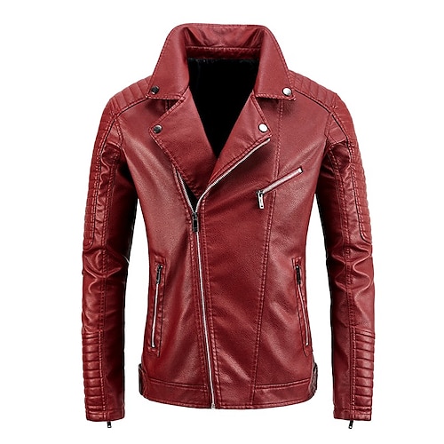 

Men's Faux Leather Jacket Biker Jacket Motorcycle Jacket Thermal Warm Windproof Rain Waterproof Outdoor Street Traveling Zipper Lapel Trendy Jacket Outerwear Pure Color Faux Fur Trim Black Wine Khaki