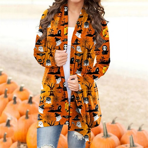 

Women's Casual Jacket Warm Breathable Halloween Casual Vacation Going out Print Cardigan Collarless Active Street Style Halloween Pumpkin Regular Fit Outerwear Long Sleeve Winter Fall Black Dark