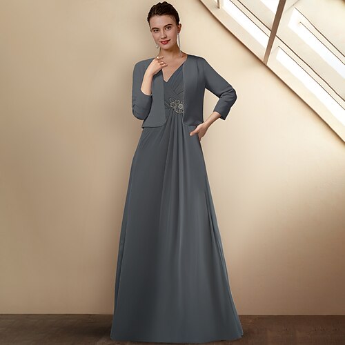 

A-Line Mother of the Bride Dress Elegant V Neck Sweep / Brush Train Stretch Chiffon Sleeveless Short Jacket Dresses with Crystals Side-Draped 2022