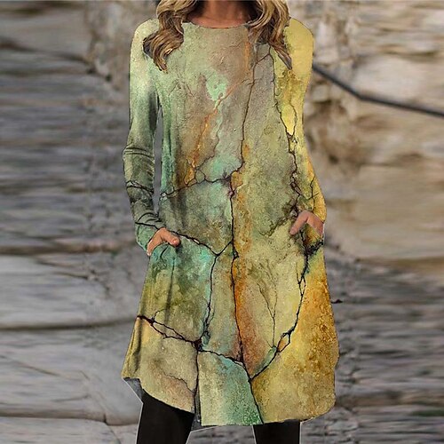 

Women's Casual Dress T Shirt Dress Tee Dress Knee Length Dress Green Long Sleeve Color Gradient Pocket Print Fall Winter Crew Neck Vacation Vintage Casual 2022 S M L XL XXL 3XL