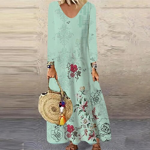 

Women's Casual Dress Shift Dress Long Dress Maxi Dress Khaki Light Blue Long Sleeve Floral Print Winter Fall Autumn V Neck Winter Dress Christmas Fall Dress 2022 XS S M L XL XXL 3XL 4XL 5XL 6XL