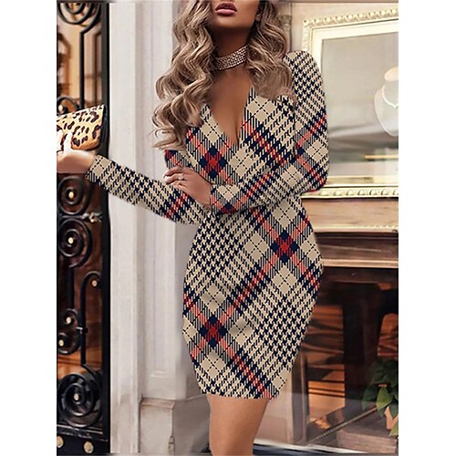 

Women's Sheath Dress Formal Dress Blue Khaki Long Sleeve Plaid Print Winter Fall Autumn V Neck Fashion Winter Dress Fall Dress Slim 2022 XS S M L XL XXL 3XL 4XL 5XL 6XL