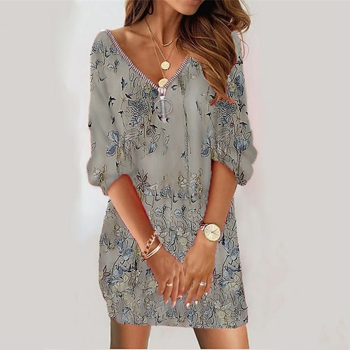 

Women's Sweatshirt Dress Shift Dress Short Mini Dress Green Blue Fuchsia Gray Long Sleeve Floral Zipper Print Fall Winter V Neck Vacation Casual 2022 S M L XL XXL 3XL / 3D Print