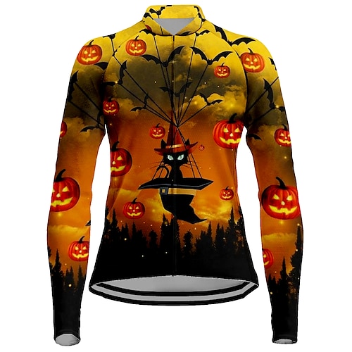 

21Grams Women's Cycling Jersey Long Sleeve Bike Top with 3 Rear Pockets Mountain Bike MTB Road Bike Cycling Breathable Quick Dry Moisture Wicking Reflective Strips Yellow Cat Halloween Polyester