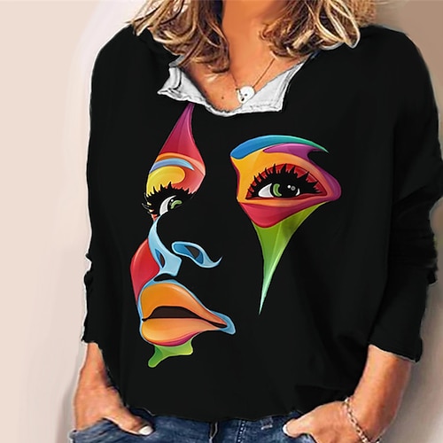 

Women's Plus Size Tops Blouse Shirt Abstract Print Long Sleeve V Neck Casual Daily Vacation Polyester Fall Winter Black Apricot
