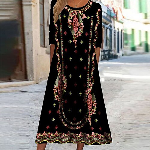 

Women's Casual Dress Ethnic Dress Swing Dress Midi Dress Black Yellow Half Sleeve Floral Pocket Winter Fall Autumn Round Neck Vacation Winter Dress Fall Dress 2023 S M L XL XXL 3XL