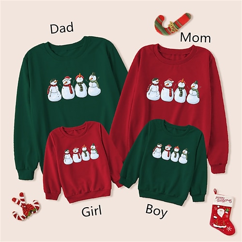 

Family Ugly Christmas Sweatshirt Pullover Plaid Graphic Snowman Daily Print Multicolor Long Sleeve Adorable Matching Outfits