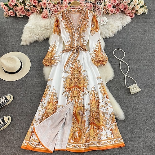 

robe longue Femme Robe satinée manche longue Hiver Automne - Casual Chinoiserie Lacet Bouton Imprime Col V robe hiver robe automne Ample 2023 Jaune clair Vert Claire Violet Beige Taille unique